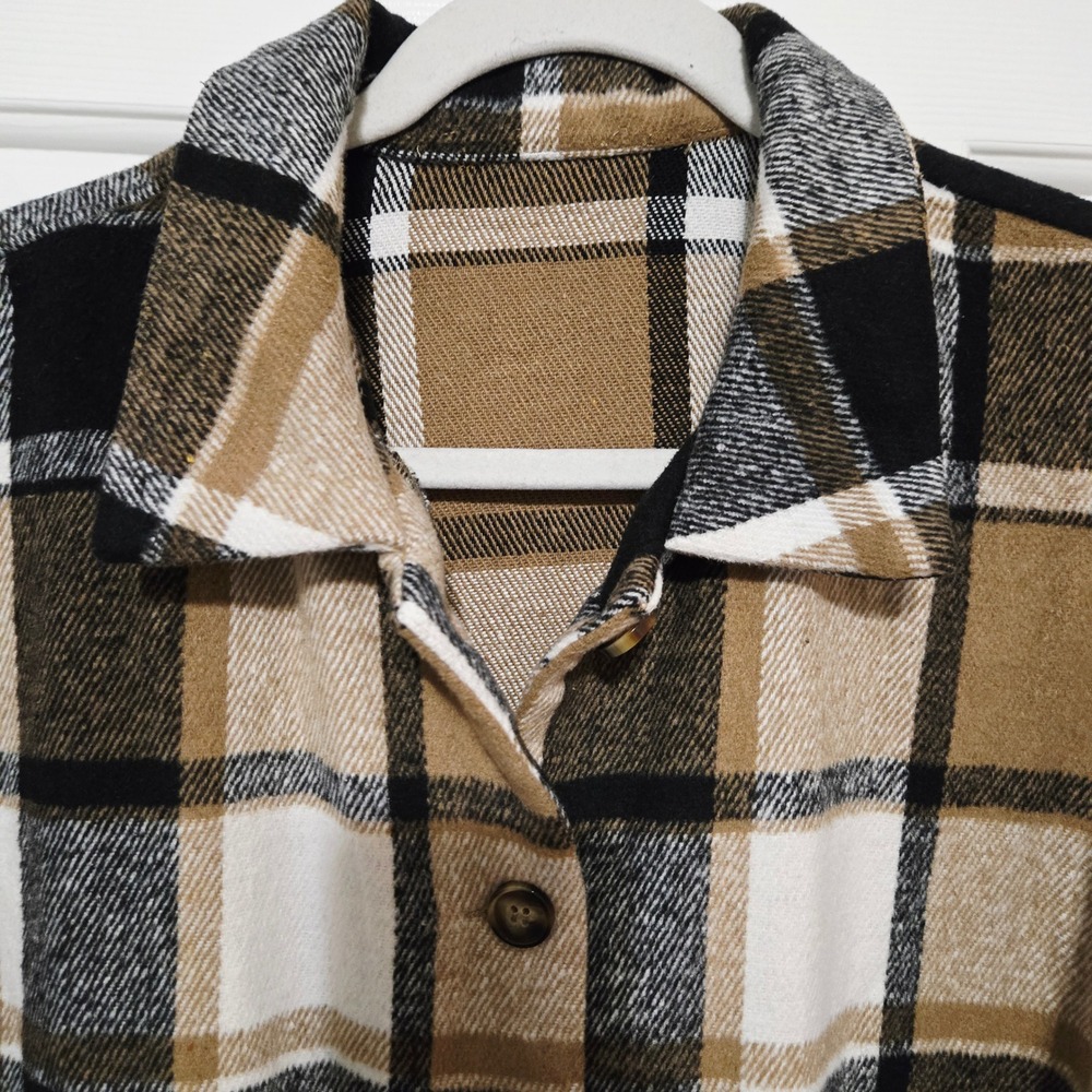 Plaid Shacket Oversized Button Down Shirt Jacket Brown Black White Medium